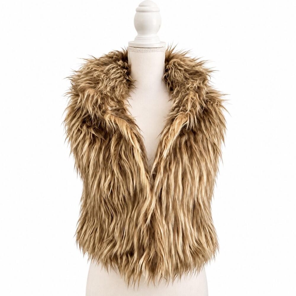 2000 Y2K bebe Women's Brown and Blond Shaggy Faux Fur Vest XS - Picture 3 of 8
